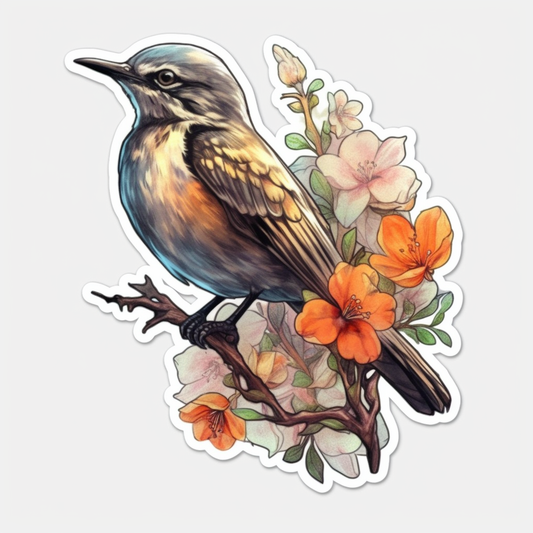 Florida Northern Mockingbird bird Orange Blossom flower  Vinyl Decal Sticker for Car, Laptop, Tumbler and more # 008409