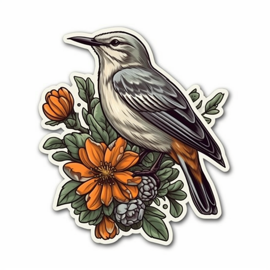 Florida Northern Mockingbird bird Orange Blossom flower  Vinyl Decal Sticker for Car, Laptop, Tumbler and more # 008399