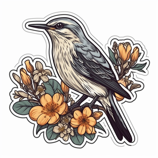 Florida Northern Mockingbird bird Orange Blossom flower  Vinyl Decal Sticker for Car, Laptop, Tumbler and more # 008407