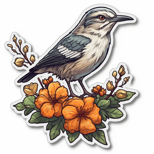 Florida Northern Mockingbird bird Orange Blossom flower  Vinyl Decal Sticker for Car, Laptop, Tumbler and more # 008390