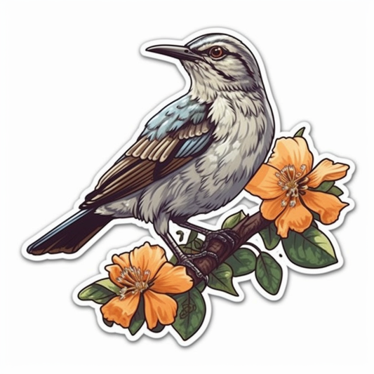 Florida Northern Mockingbird bird Orange Blossom flower  Vinyl Decal Sticker for Car, Laptop, Tumbler and more # 008406