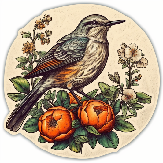 Florida Northern Mockingbird bird Orange Blossom flower  Vinyl Decal Sticker for Car, Laptop, Tumbler and more # 008419