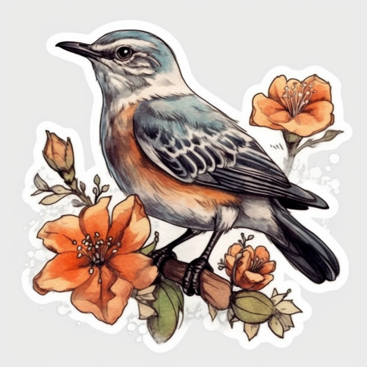 Florida Northern Mockingbird bird Orange Blossom flower  Vinyl Decal Sticker for Car, Laptop, Tumbler and more # 008414