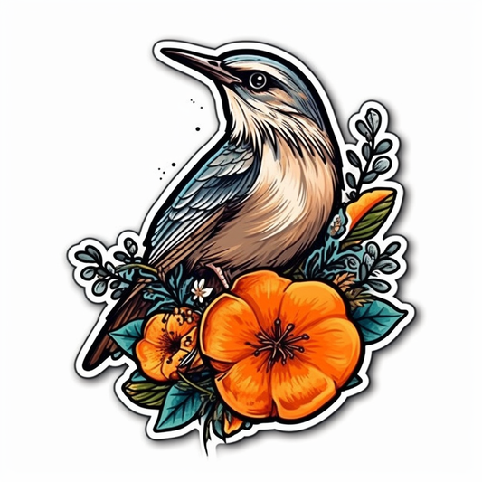 Florida Northern Mockingbird bird Orange Blossom flower  Vinyl Decal Sticker for Car, Laptop, Tumbler and more # 008404