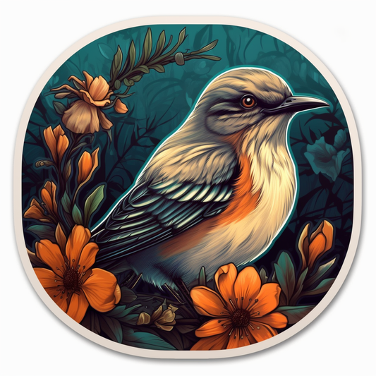 Florida Northern Mockingbird bird Orange Blossom flower  Vinyl Decal Sticker for Car, Laptop, Tumbler and more # 008411