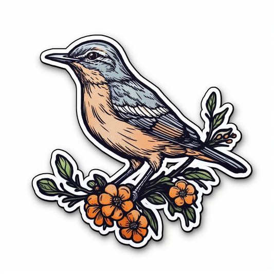 Florida Northern Mockingbird bird Orange Blossom flower  Vinyl Decal Sticker for Car, Laptop, Tumbler and more # 008416