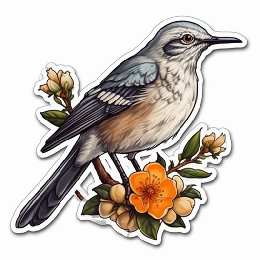 Florida Northern Mockingbird bird Orange Blossom flower  Vinyl Decal Sticker for Car, Laptop, Tumbler and more # 008413