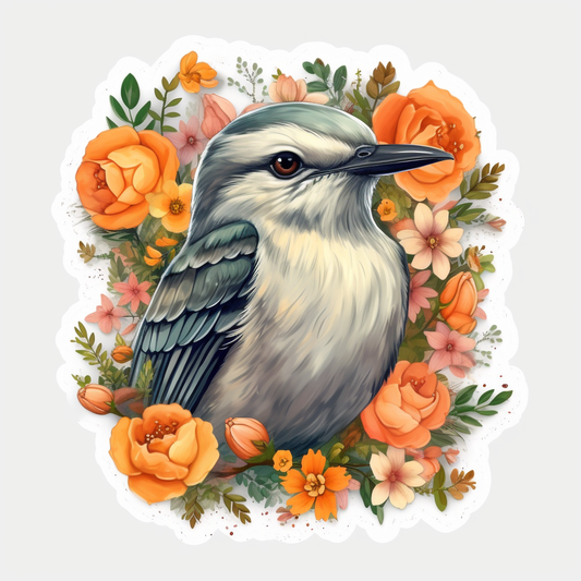 Florida Northern Mockingbird bird Orange Blossom flower  Vinyl Decal Sticker for Car, Laptop, Tumbler and more # 008405