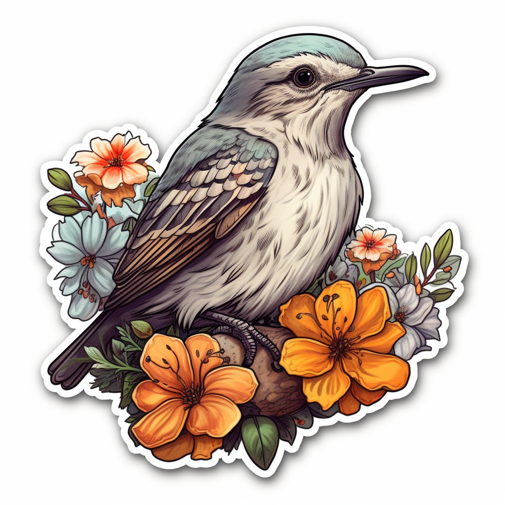 Florida Northern Mockingbird bird Orange Blossom flower  Vinyl Decal Sticker for Car, Laptop, Tumbler and more # 008394