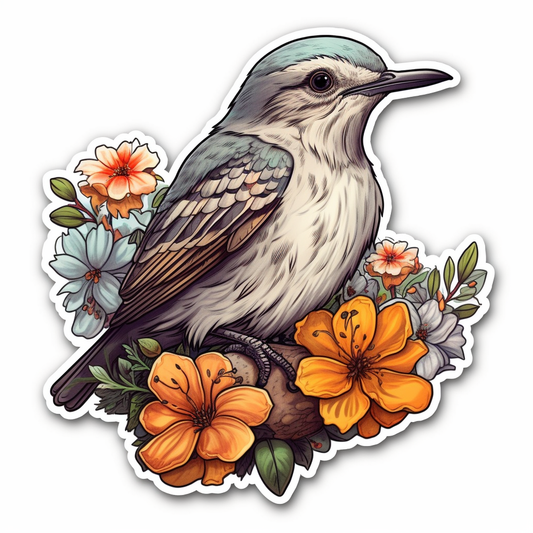 Florida Northern Mockingbird bird Orange Blossom flower  Vinyl Decal Sticker for Car, Laptop, Tumbler and more # 008394