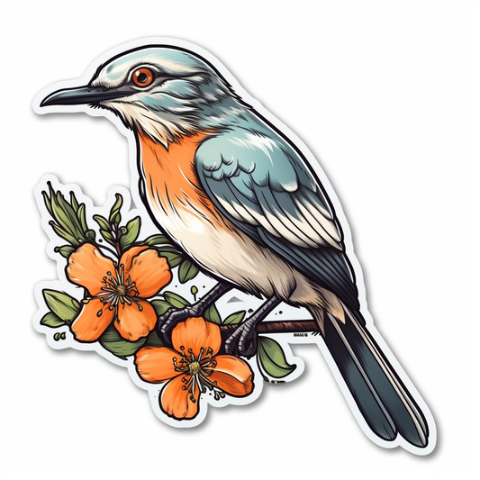 Florida Northern Mockingbird bird Orange Blossom flower  Vinyl Decal Sticker for Car, Laptop, Tumbler and more # 008423