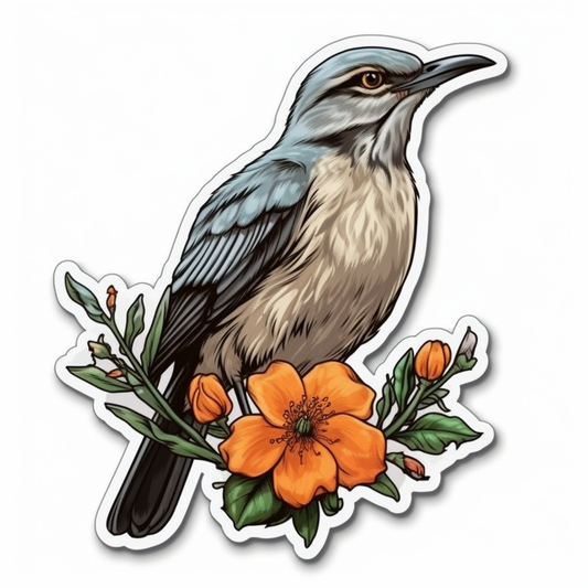 Florida Northern Mockingbird bird Orange Blossom flower  Vinyl Decal Sticker for Car, Laptop, Tumbler and more # 008392