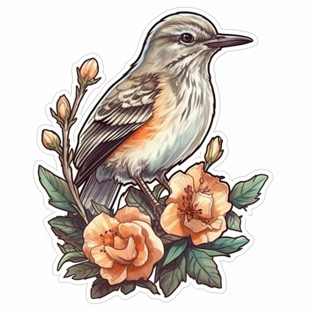 Florida Northern Mockingbird bird Orange Blossom flower  Vinyl Decal Sticker for Car, Laptop, Tumbler and more # 008401