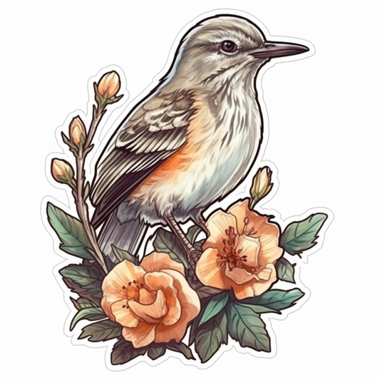 Florida Northern Mockingbird bird Orange Blossom flower  Vinyl Decal Sticker for Car, Laptop, Tumbler and more # 008401