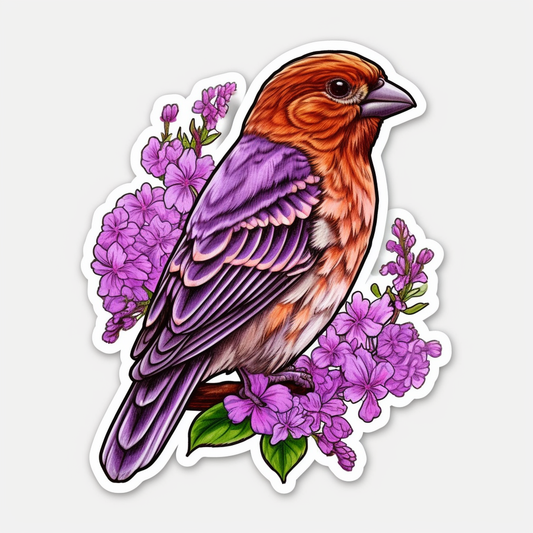 New Hampshire Purple Finch bird Purple Lilac flower  Vinyl Decal Sticker for Car, Laptop, Tumbler and more # 008741