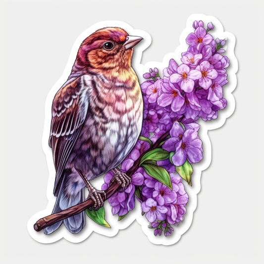 New Hampshire Purple Finch bird Purple Lilac flower  Vinyl Decal Sticker for Car, Laptop, Tumbler and more # 008686