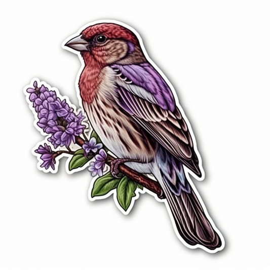 New Hampshire Purple Finch bird Purple Lilac flower  Vinyl Decal Sticker for Car, Laptop, Tumbler and more # 008718