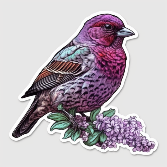 New Hampshire Purple Finch bird Purple Lilac flower  Vinyl Decal Sticker for Car, Laptop, Tumbler and more # 008697