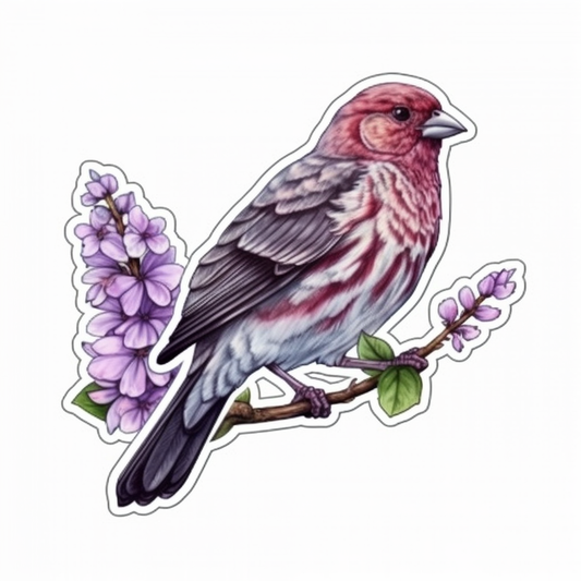 New Hampshire Purple Finch bird Purple Lilac flower  Vinyl Decal Sticker for Car, Laptop, Tumbler and more # 008705