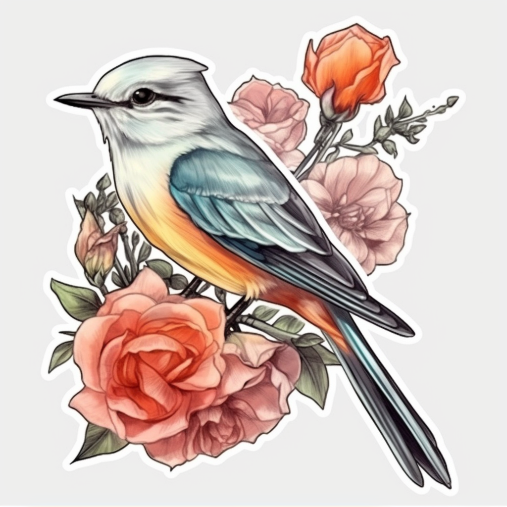 Oklahoma Scissor-tailed Flycatcher bird Oklahoma Rose flower  Vinyl Decal Sticker for Car, Laptop, Tumbler and more # 009141