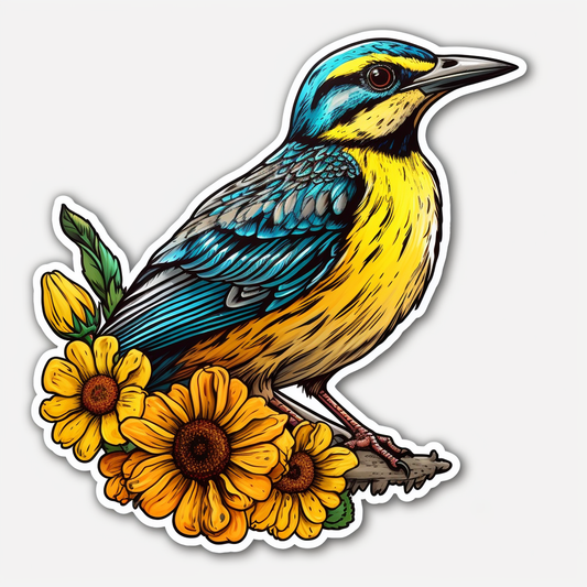 Kansas Western Meadowlark bird Sunflower flower  Vinyl Decal Sticker for Car, Laptop, Tumbler and more # 008582