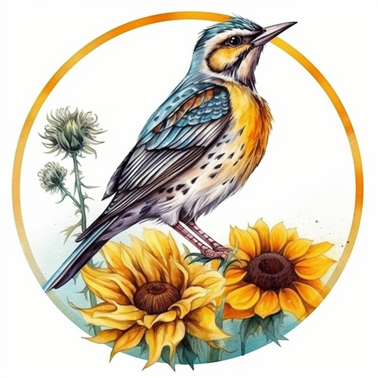 Kansas Western Meadowlark bird Sunflower flower  Vinyl Decal Sticker for Car, Laptop, Tumbler and more # 008556
