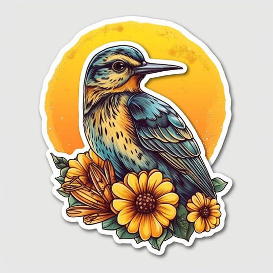 Kansas Western Meadowlark bird Sunflower flower  Vinyl Decal Sticker for Car, Laptop, Tumbler and more # 008562