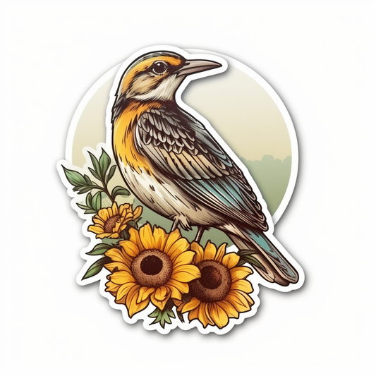 Kansas Western Meadowlark bird Sunflower flower  Vinyl Decal Sticker for Car, Laptop, Tumbler and more # 008572