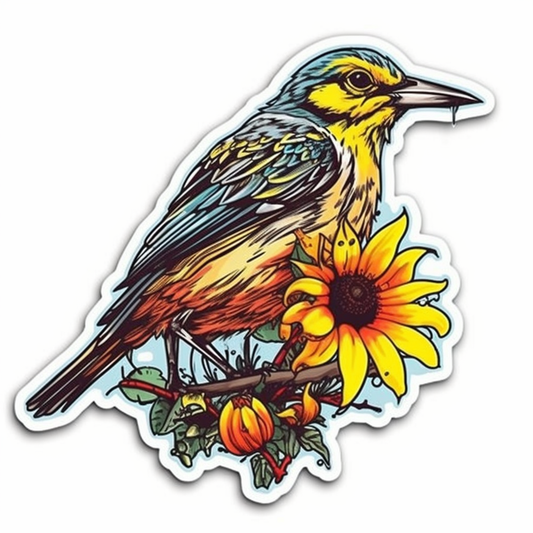Kansas Western Meadowlark bird Sunflower flower  Vinyl Decal Sticker for Car, Laptop, Tumbler and more # 008559