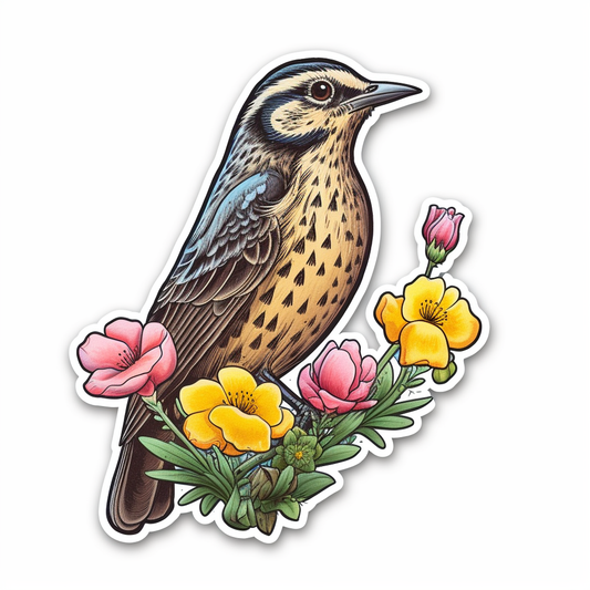 North Dakota Western Meadowlark bird Wild Prairie Rose flower  Vinyl Decal Sticker for Car, Laptop, Tumbler and more # 009086