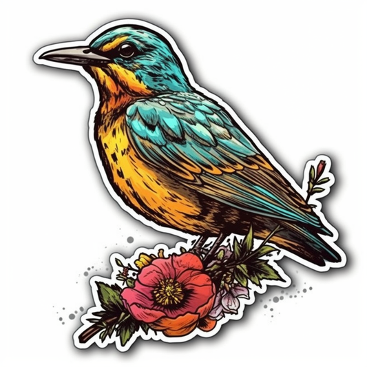 North Dakota Western Meadowlark bird Wild Prairie Rose flower  Vinyl Decal Sticker for Car, Laptop, Tumbler and more # 009100