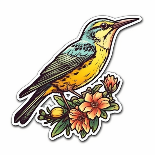 North Dakota Western Meadowlark bird Wild Prairie Rose flower  Vinyl Decal Sticker for Car, Laptop, Tumbler and more # 009084