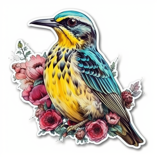North Dakota Western Meadowlark bird Wild Prairie Rose flower  Vinyl Decal Sticker for Car, Laptop, Tumbler and more # 009058