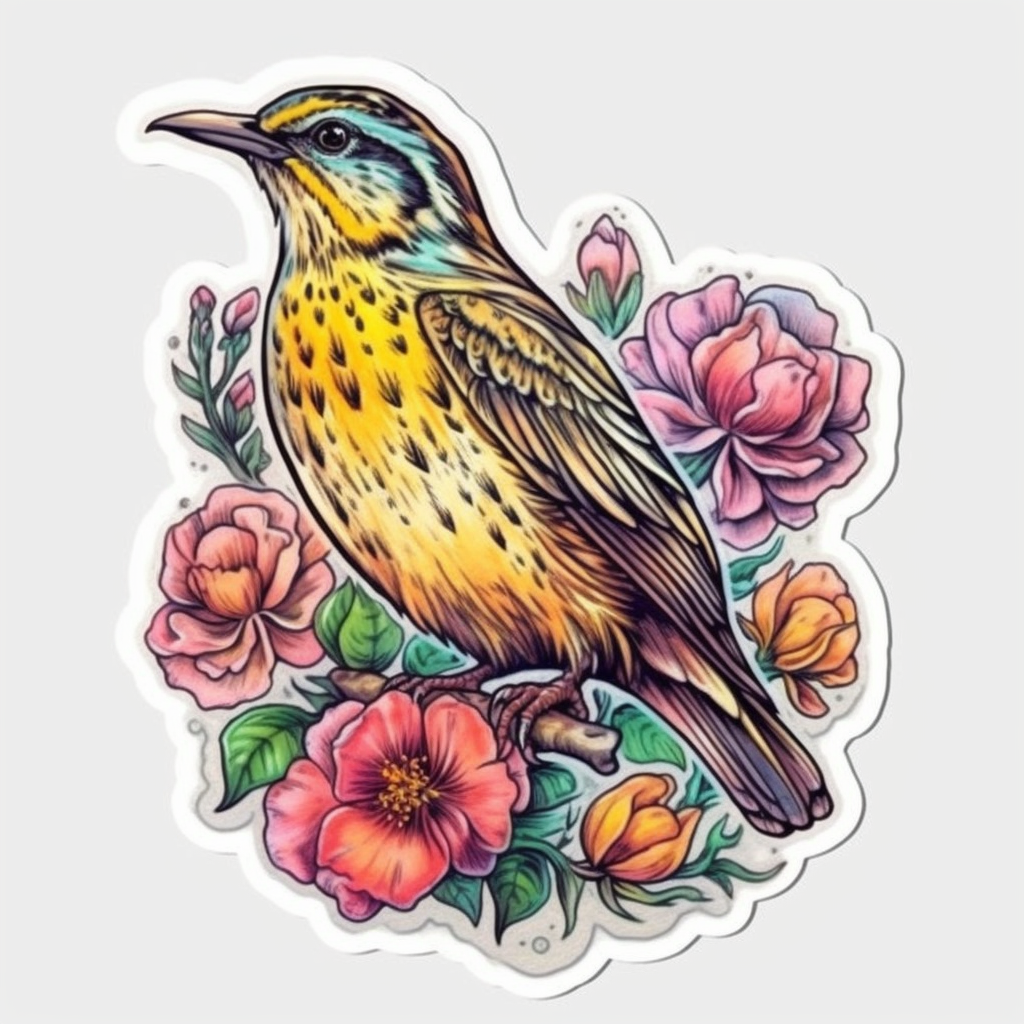 North Dakota Western Meadowlark bird Wild Prairie Rose flower  Vinyl Decal Sticker for Car, Laptop, Tumbler and more # 009083
