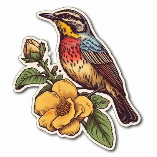 North Dakota Western Meadowlark bird Wild Prairie Rose flower  Vinyl Decal Sticker for Car, Laptop, Tumbler and more # 009079
