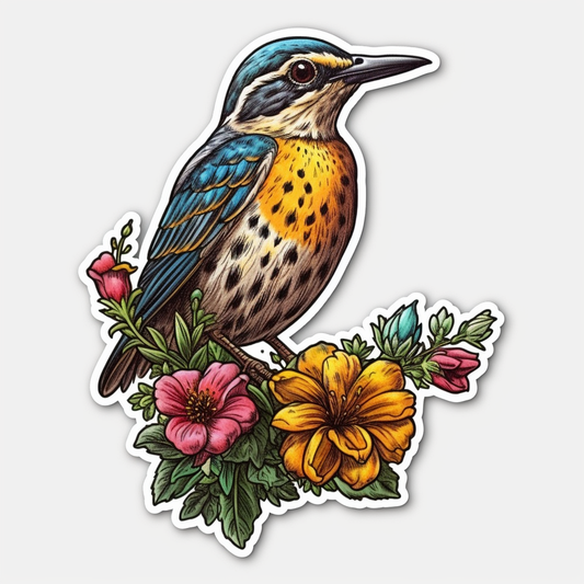 North Dakota Western Meadowlark bird Wild Prairie Rose flower  Vinyl Decal Sticker for Car, Laptop, Tumbler and more # 009074