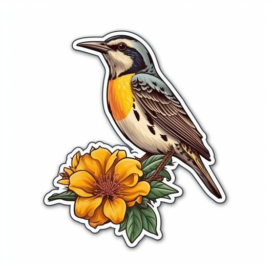 North Dakota Western Meadowlark bird Wild Prairie Rose flower  Vinyl Decal Sticker for Car, Laptop, Tumbler and more # 009052