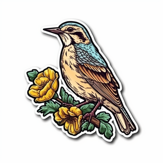 North Dakota Western Meadowlark bird Wild Prairie Rose flower  Vinyl Decal Sticker for Car, Laptop, Tumbler and more # 009061