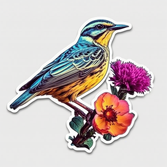 North Dakota Western Meadowlark bird Wild Prairie Rose flower  Vinyl Decal Sticker for Car, Laptop, Tumbler and more # 009067