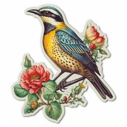 North Dakota Western Meadowlark bird Wild Prairie Rose flower  Vinyl Decal Sticker for Car, Laptop, Tumbler and more # 009055