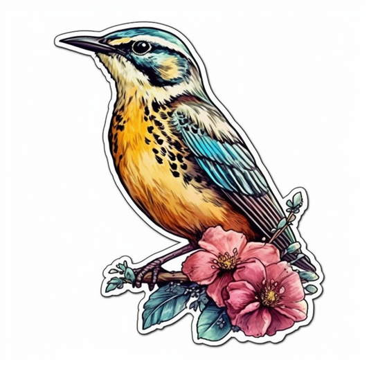 North Dakota Western Meadowlark bird Wild Prairie Rose flower  Vinyl Decal Sticker for Car, Laptop, Tumbler and more # 009065