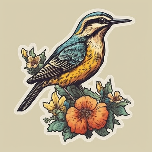 North Dakota Western Meadowlark bird Wild Prairie Rose flower  Vinyl Decal Sticker for Car, Laptop, Tumbler and more # 009073