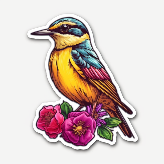 North Dakota Western Meadowlark bird Wild Prairie Rose flower  Vinyl Decal Sticker for Car, Laptop, Tumbler and more # 009077