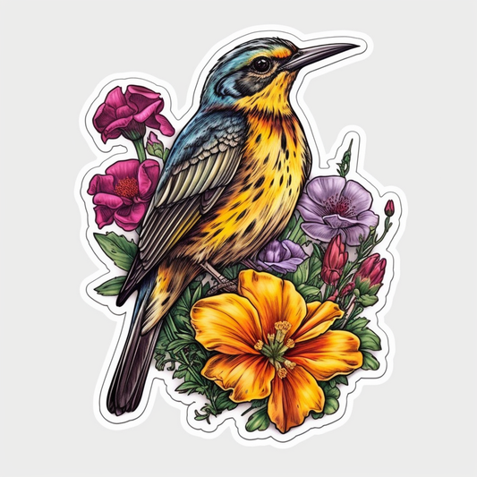 North Dakota Western Meadowlark bird Wild Prairie Rose flower  Vinyl Decal Sticker for Car, Laptop, Tumbler and more # 009092