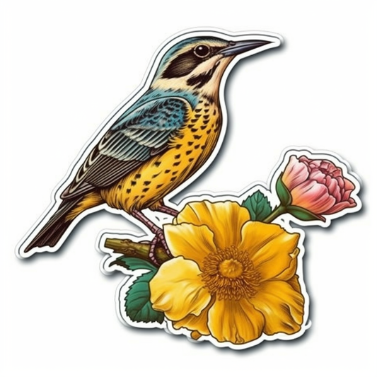 North Dakota Western Meadowlark bird Wild Prairie Rose flower  Vinyl Decal Sticker for Car, Laptop, Tumbler and more # 009099