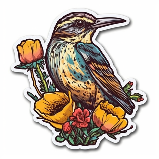 North Dakota Western Meadowlark bird Wild Prairie Rose flower  Vinyl Decal Sticker for Car, Laptop, Tumbler and more # 009085