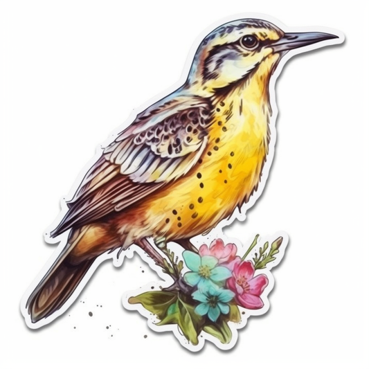 North Dakota Western Meadowlark bird Wild Prairie Rose flower  Vinyl Decal Sticker for Car, Laptop, Tumbler and more # 009060