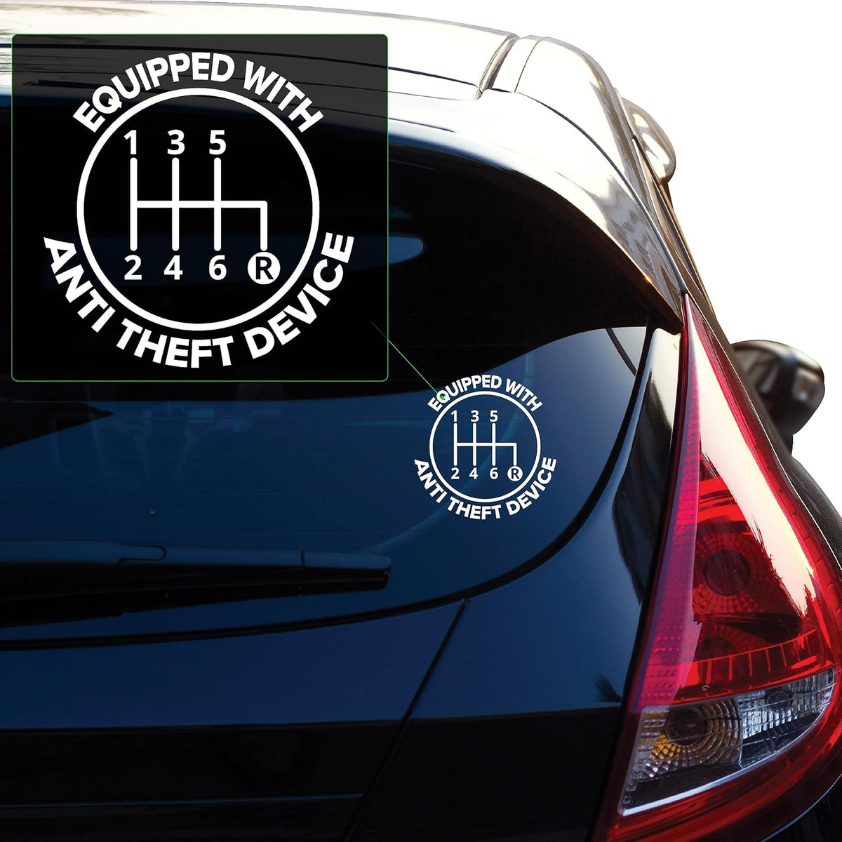 White Equipped With Anti Theft Device six-speed manual transmission vinyl decal on a car window